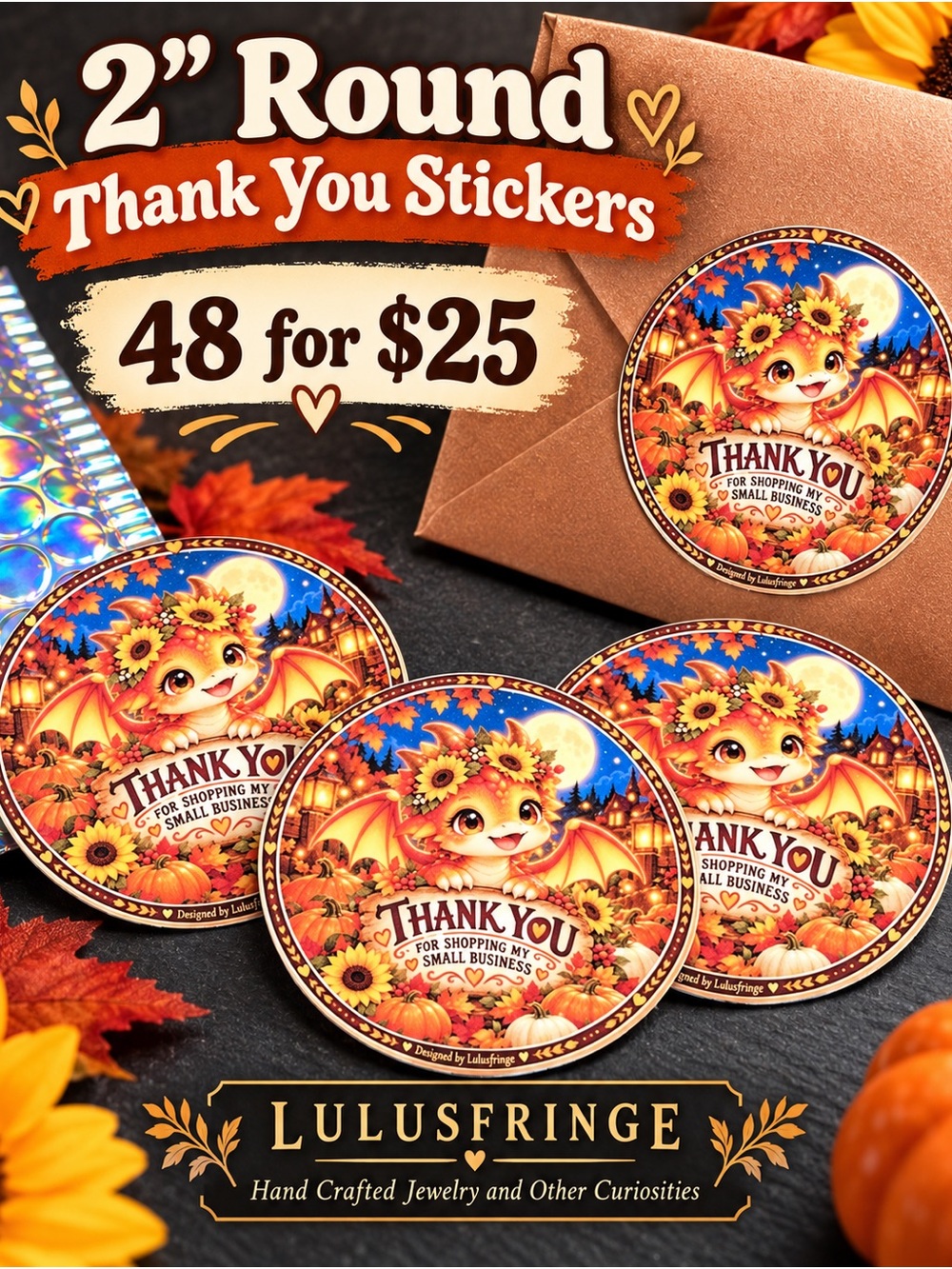 48/$25 2" Round Thank You Stickers - Autumn Baby Dragon Design (48 Pack)